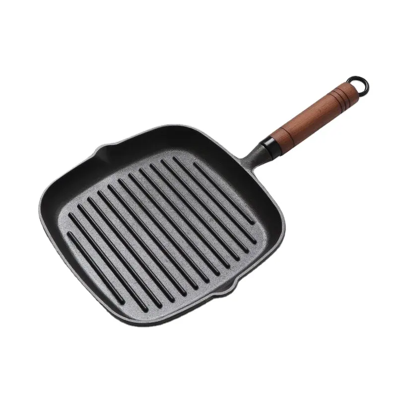 Logo personalizzato cucina ispessita in ghisa a strisce padella quadrata per bistecca in ghisa griglia padella con manico in legno