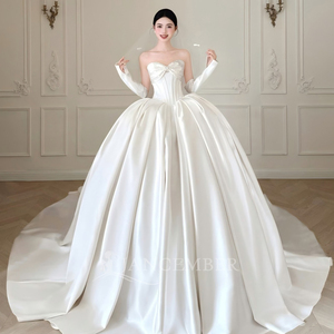 Lsoy059 Modern Romantic Ivory Corset <b>Wedding</b> Dress Sweetheart Neckline Chapel Train Bow Bodice Pearl Satin Ball Gown for Formal - Product Image 2