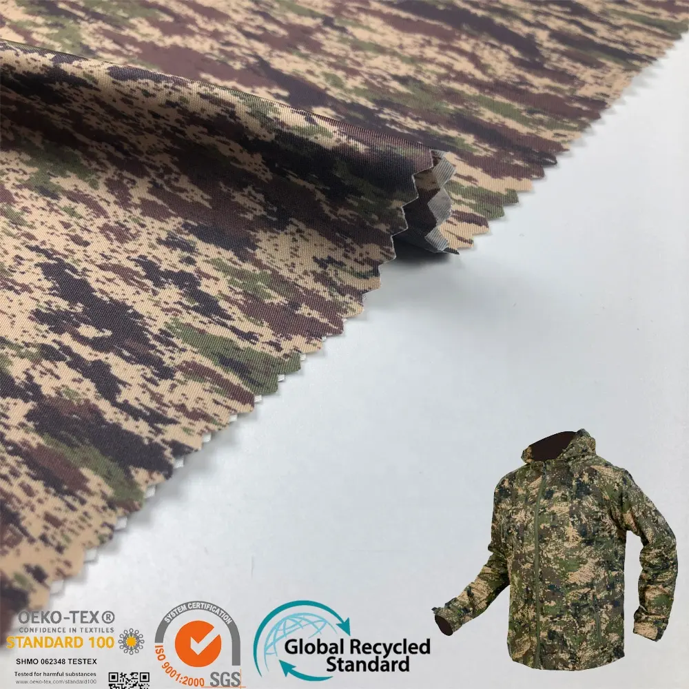 Tùy Chỉnh Thiết Kế Chất Lượng Cao Camo In Hữu Cơ Tái Chế Không Thấm Nước Nhanh Khô 100 Poly Thể Thao Ngoài Trời Áo Khoác Vải