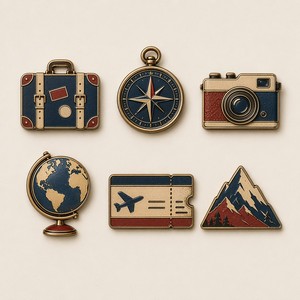 Imán de nevera vintage de viaje con diseños de maleta, brújula, cámara, globo, tarjeta de embarque y montaña, en bronce antiguo - Product Image 1