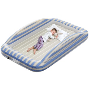 Blue White Striped Kids <b>Inflatable</b> Travel Bed with Safety Rails for Toddlers Camping Home - Product Image 1