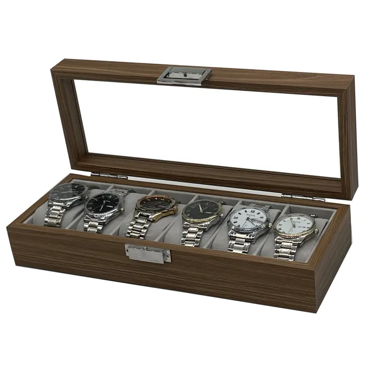 Dark Walnut Veneer Wood Watch Box Organizer Case Collection With Gray Velvet