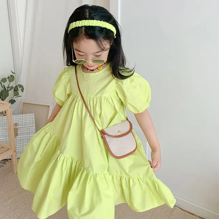 2022 Baby Girls' Summer Dress Green Solid Color Korean Style Puff Sleeve Children's Princess Dress Kids Clothes