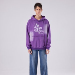 <span class=keywords><strong>Felpa</strong></span> con Cappuccio <span class=keywords><strong>Oversize</strong></span> <span class=keywords><strong>Viola</strong></span> da Uomo Vintage Lavata Effetto Consumato con Stampa di Lettere - Product Image 1