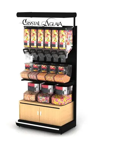 Supermercato di alta qualità montato a parete bulk cibo secco candy display rack di stoccaggio con dispenser e contenitori