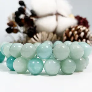 ธรรมชาติเกรด A Blue Amazonite ขัดลูกปัดหินกลมสําหรับเครื่องประดับทําอัญมณีหินลูกปัดอเมซอนไนต์