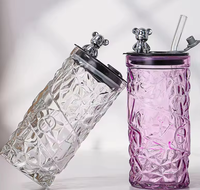 Tasse en verre YUANHE de haute qualité, motif ours en peluche, 350 ml, anti-fuite, anti-chute, avec couvercle et paille, écologique, pour boissons chaudes, épaissie