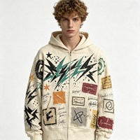 Hoodie Zip Up Heavyweight Vintage Wash Graffiti Lightning Bolt Streetwear Distressed untuk Pria, Outerwear Musim Gugur Musim Dingin, Fashion Brand
