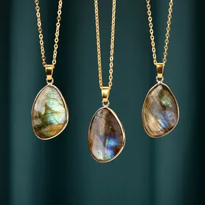 Top Quality Labradorite Irregular Necklace 18k Gold Chain Blue Flash Labradorite Irregular Pendant For Women