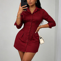 Robe mini boutonnée rouge pour femme, manches longues, col à revers, taille cintrée, idéale pour le bureau ou les soirées