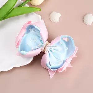 Bán Buôn Đáng Yêu Grosgrain Ribbon Tóc Cung Với Ngọc Trai Rắn Màu Sắc Tùy Chỉnh Tóc Clip Bow Cho Cô Gái