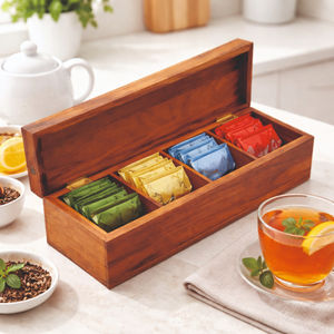 Boîte de rangement à thé classique en bois de qualité supérieure à 4 compartiments avec couvercle à charnières en laiton, design durable et écoresponsable, 25x10x10 CM - Product Image 2