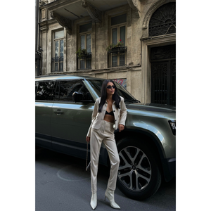 Pantalones de gamuza tipo lápiz de cintura alta color beige para mujer, tela de felpa - Product Image 2