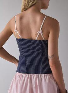 Women's Navy <strong>Blue</strong> White Striped <strong>Cami</strong> <strong>Top</strong> - Lace Trim Sweetheart Neck Thin Spaghetti Straps Cropped Camisole with Pink Bow - Product Image 3