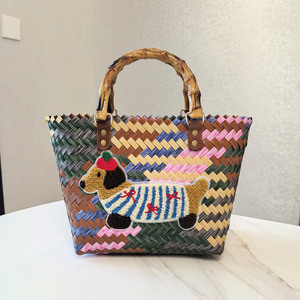 Sac de plage en coton moderne vintage rayé Weenie Dog pour femmes avec pendentif en corde de nylon et portage <span class=keywords><strong>à</strong></span> la main - Product Image 3