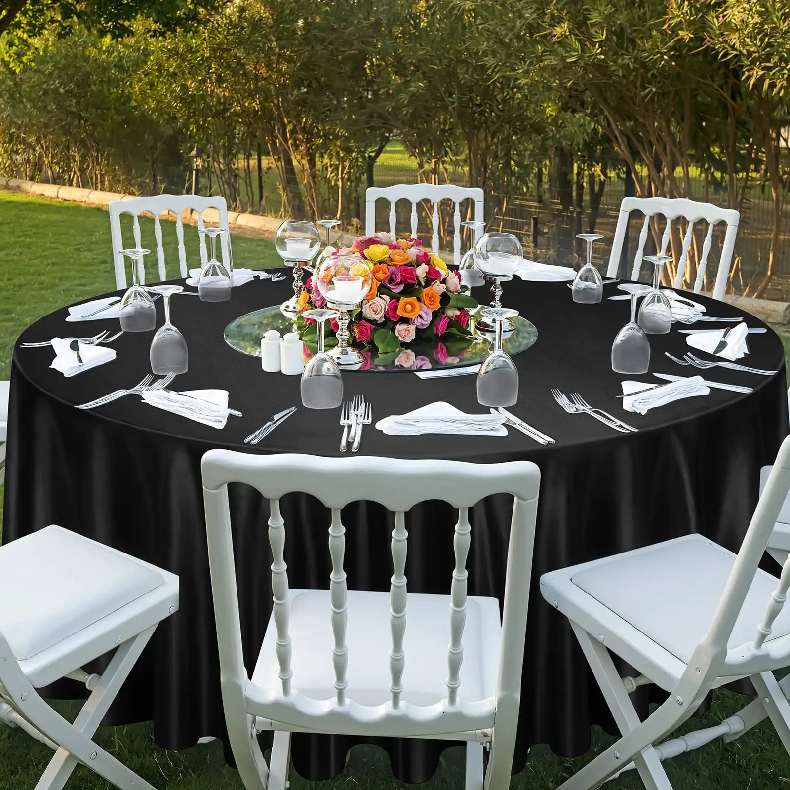 Toalha de mesa redonda de cetim preto de 305 cm de diâmetro para festas de casamento glamourosas, atacado de fábrica