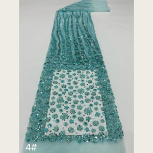 Tissu en dentelle G4098 brodé, tissé, métallique, à dégradé de positionnement, à pampilles et motifs floraux, de poids moyen, avec perles et paillettes, en tulle, pour filles - Product Image 1