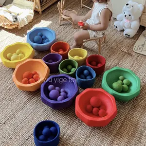 customized Sensory Tools Montessori Wool Basket rainbow Felt Sorting Bowls Color Sorting balls Felt Stacking toy for kids