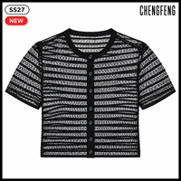 Maßgefertigte Bestickte Strickjacke für Damen, Elegantes Transparentes Horizontal Gestreiftes Kurzarm-Oberteil mit Knopfleiste