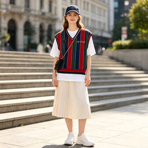 Factory Wholesale <b>Ladies</b> Vertical Striped Cotton <b>Knit</b> <b>Waistcoat</b> Custom Logo Embroidery High Quality Soft Knitwear Trendy Daily - Product Image 5