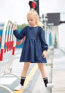 Abito da ragazza in cotone organico per autunno a maniche lunghe <span class=keywords><strong>jeans</strong></span> con volant abbigliamento per bambini comodo ed elegante - Product Image 3