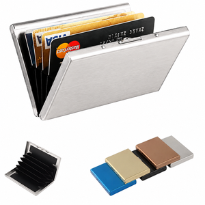 ที่ใส่บัตรเครดิตสแตนเลสสตีลแบบมินิมอล ป้องกัน RFID พร้อมปุ่มกดปิดและโลโก้สั่งทำสำหรับผู้ชาย - Product Image 1
