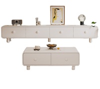 Ensemble console TV et table basse en bois finition noyer rétro avec tiroirs à fermeture douce, coins arrondis et design bicolore pour salon