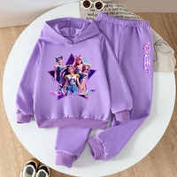Conjunto Deportivo de 2 Piezas para Niñas, Sudadera con Capucha y Pantalones, Diseño Moderno de Anime K-Pop, Estampado de Ídolos de Dibujos Animados, Color Morado
