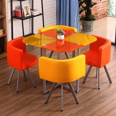 Горячая продажа железная труба домашняя мебель 8 местный обеденный круглый стеклянный обеденный стол набор с 4 темно-синими стульями