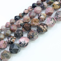 Perles en vrac de coupe de diamant de pierre précieuse de rhodochrosite de rayure noire ronde naturelle à facettes 15.5"