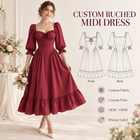 Robe midi personnalisée pour femme, légère, tissée, avec buste froncé, manches bouffantes, poignets froncés, taille ajustée, ourlet à volants, coupe trapèze