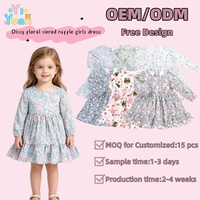 Robe à volants superposés à manches longues pour petites filles, motif floral vintage, bleu clair, avec bouton unique au dos, tenue de vacances pour enfants
