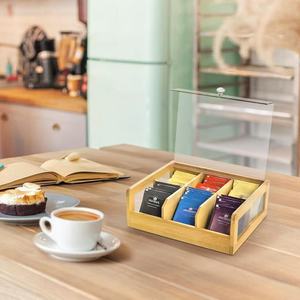 Bamboo Wood Tea Bag Storage Box With Compartments Flip Top Lid <b>Kitchen</b> Seasoning Holder Rectangle Shape - Product Image 2