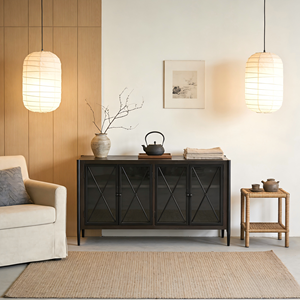 Moderno Mobile Contenitore in Legno con Struttura in Metallo e 4 Ante in <span class=keywords><strong>Vetro</strong></span>, Credenza per Soggiorno, Sala da Pranzo, Camera da Letto, Armadio per Ville - Product Image 1