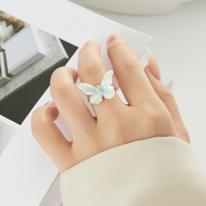 Butterfly Open Ring Adjustable Women's Ring Light Blue Enamel Insect Theme Gift Jewelry - Product Image 2