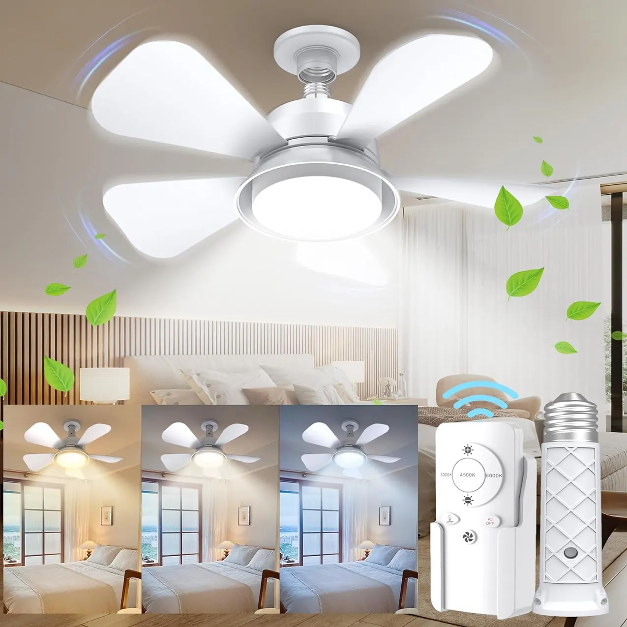 Factory CE UL Best 1000 Lumens Ceiling Fan with Light Remote 3 Gear Wind Speeds E26 E27 Bladeless Dimmable LED Socket Fan Lights