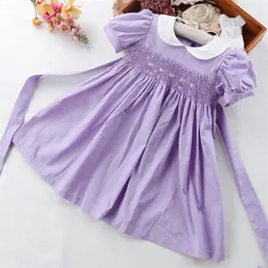 3-7 Years Summer Wholesale Purple Baby Girls Smocked Dresses Hand Made Children Clothing Kids Clothing Cotton Boutiques