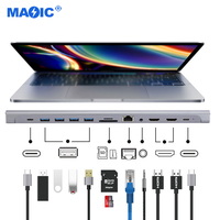 Perangkat Keras Komputer Perangkat Lunak Tipe C ke Dual untuk USB 3.0 Ethernet Hub 12 in 1 USB C Docking Station Aluminium Alloy Tersedia
