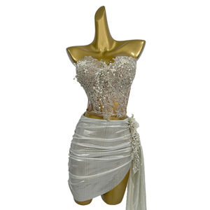 优雅的白色亮片珍珠束身裙2件套节日装表演舞者穿女性性感派对舞会礼服 - Product Image 1