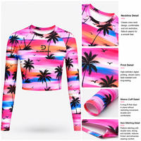 Rashguard personnalisé à coupe courte UPF 50 pour femme, Manches longues, Col rond, Coutures plates, style Îles Vierges, Maillot de bain crop top