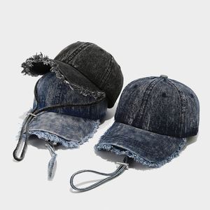 2025 New Fashion Women Trendy Raw Fringe Bill Spring Summer Faded Denim Baseball Caps Outdoor Street Sun <b>Hat</b> with Wind Rope - Product Image 6