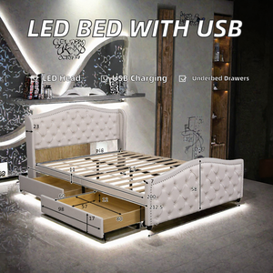 Cadre de lit king size moderne à LED avec 4 tiroirs et tête de lit de rangement, 1 station de charge Type-C/2 USB, tissu en lin gris - Product Image 2