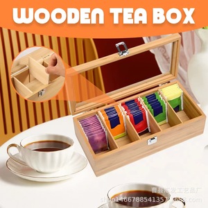 Caja de almacenamiento de bolsitas de té de bambú con tapa acrílica, organizador de escritorio con múltiples compartimentos para uso en la oficina - Product Image 3