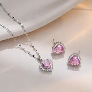 Simple and Sweet Pink Heart Shaped Zircon Pendant Stainless steel chain necklace & earrings Jewelry Accessories