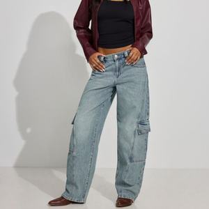 Pantalon cargo en jean taille haute pour femme avec poches, coupe ample, respirant, décontracté, style baggy - Product Image 1