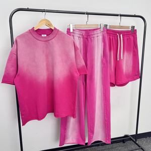 Poids lourd blanc Curling 2 pièces en détresse surdimensionné lavage à l'acide surdimensionné Streetwear plaine pour hommes t-shirt et ensembles de shorts - Product Image 1