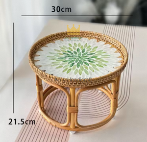Bespoke Natural <b>Rattan</b> Accent Stool Shell Inlay Round Coffee <b>Table</b> Minimalist <b>Bedside</b> <b>Table</b> for Hotel Project - Product Image 4