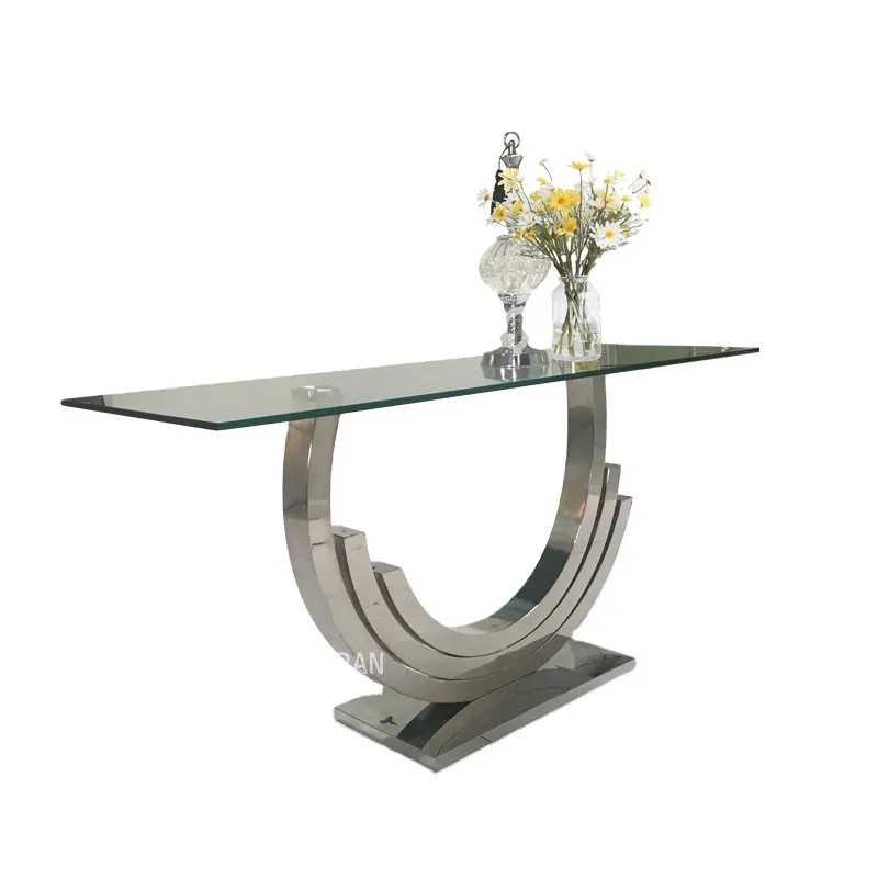 スライバー金属ベースガラストップコンソールテーブル卸売リビングルームエレガントなステンレス鋼コンソールテーブル