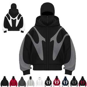 Sweat à capuche personnalisé pour homme, <span class=keywords><strong>double</strong></span> couche, style ninja, broderie, impression, lourd, fermeture éclair intégrale, couvre-visage, sweat lavé - Product Image 1