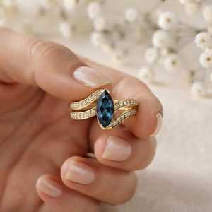 Anillo de topacio azul de Londres natural en plata de ley 925 con corte marquesa, anillo de eternidad en plata vermeil, anillos bohemios llamativos para mujer, para aniversario. - Product Image 5